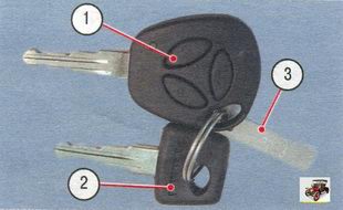 комплект ключей автомобиля Лада Калина ВАЗ 1118: 1 - рабочий ключ; 2 - обучающий ключ; 3 - бирка