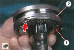 1 - блокирующее кольцо; 2 - муфта синхронизатора III передачи