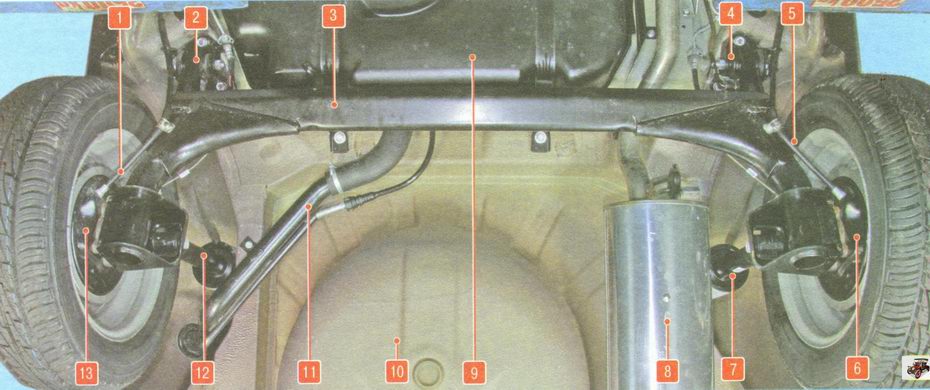 Расположение основных узлов автомобиля Лада Гранта ВАЗ 2190 (вид снизу сзади)