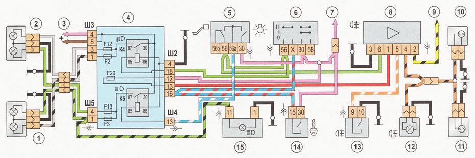 Схема включения фар головного света на автомобиле ВАЗ 2110, ВАЗ 2111, ВАЗ 2112